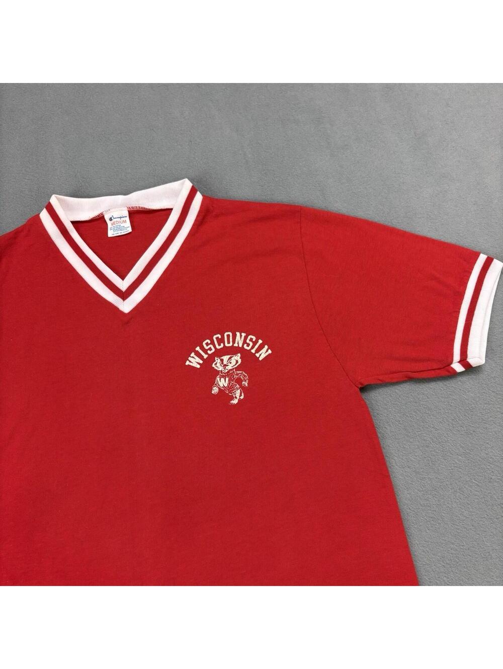 Vintage 80s Champion University Of Wisconsin Badgers T Shirt Size Medium Red